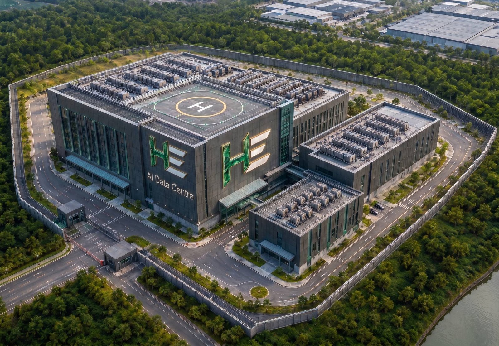 Artist’s impression of the planned HE AI Data Centre campus surrounded by the Bentong foothills