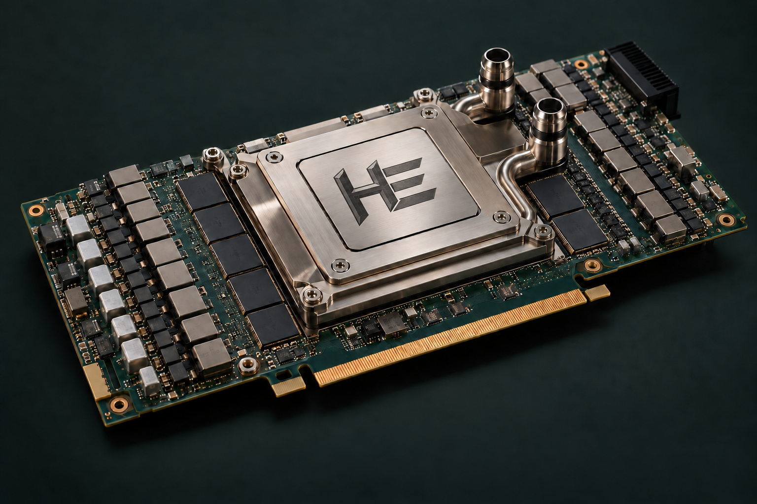 Photorealistic concept rendering of a GPU accelerator module with a metal liquid-cooling cold plate stamped with the monochrome HE logo